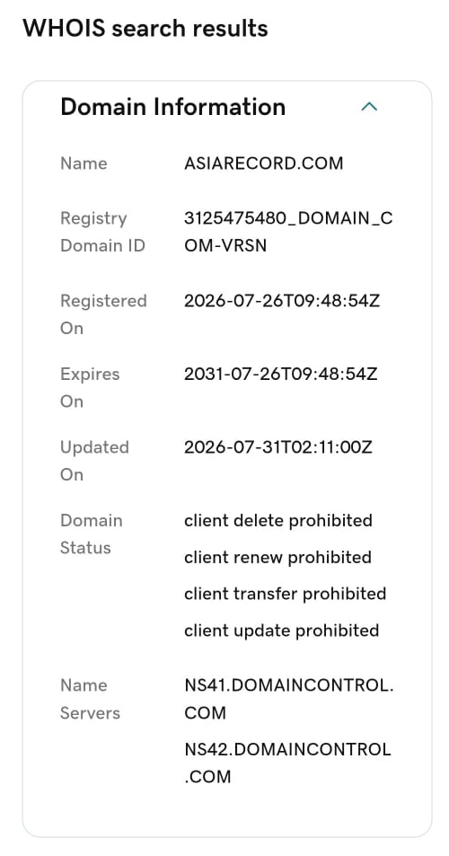 WHOIS search result showing asiarecord.com registered on 26 July 2026