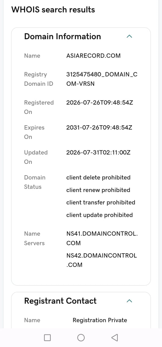 WHOIS search result showing asiarecord.com registered on 26 July 2026